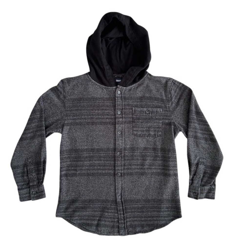 Univibe Henley Shirt Boys Size XL Gray Striped Hooded Button Front Long Sleeve